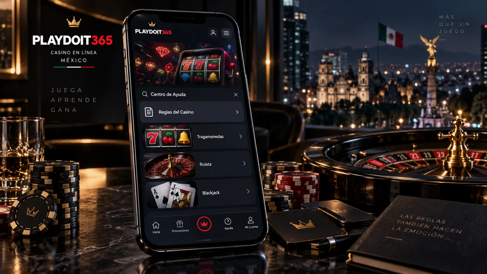 Menú de reglas y categorías de juegos de casino en un celular