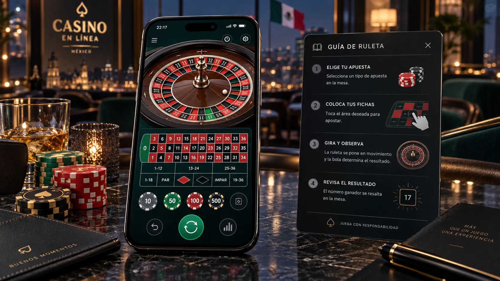 Reglas y opciones de apuesta visibles en una ruleta online móvil