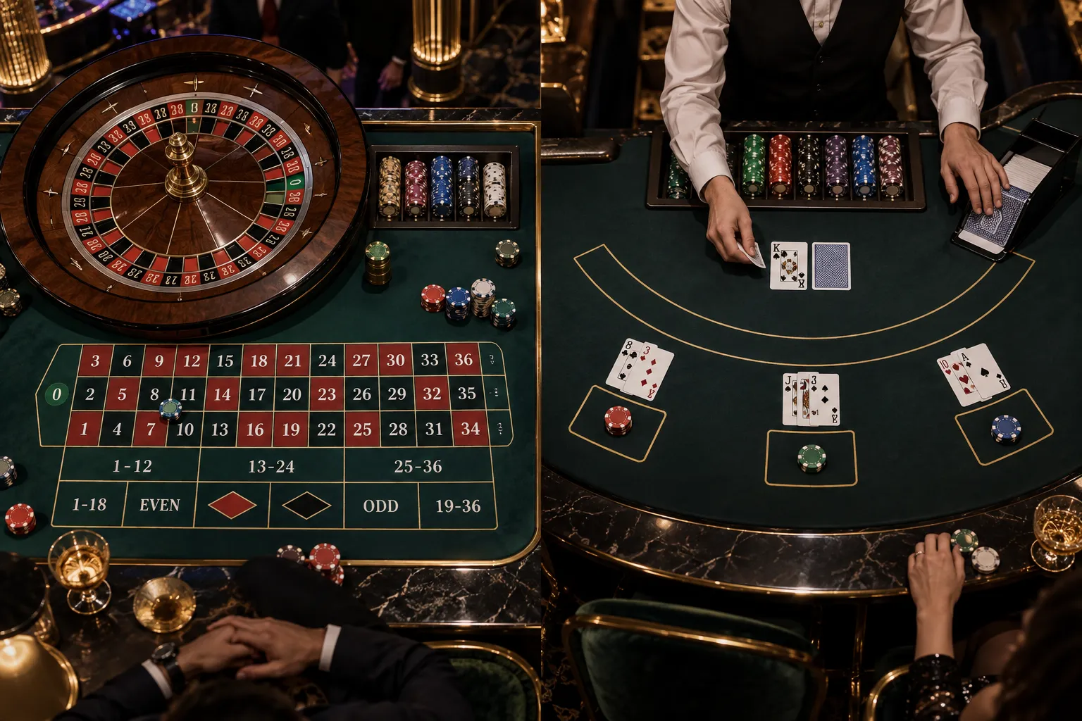 Elementos principales de una mesa de casino con tapete, fichas y zonas de apuestas