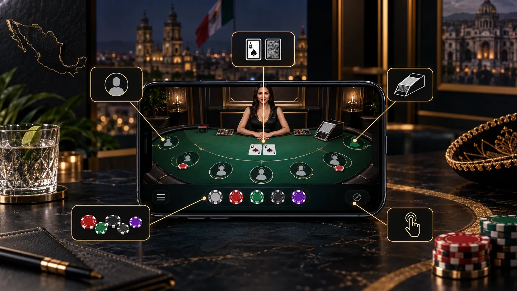 Interfaz móvil con zonas de apuestas de una mesa de casino en línea