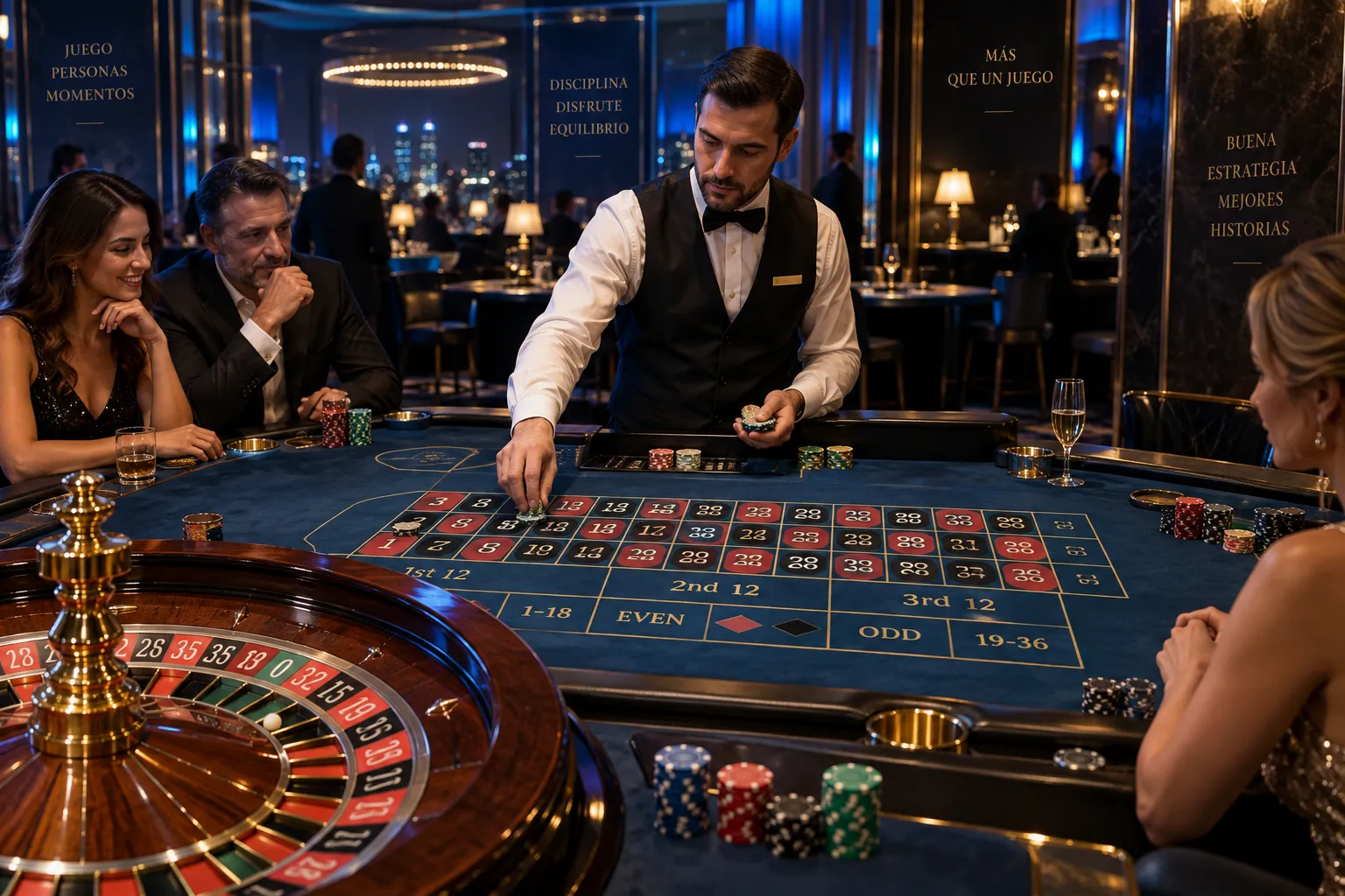 Crupier y accesorios de una mesa de casino durante una partida
