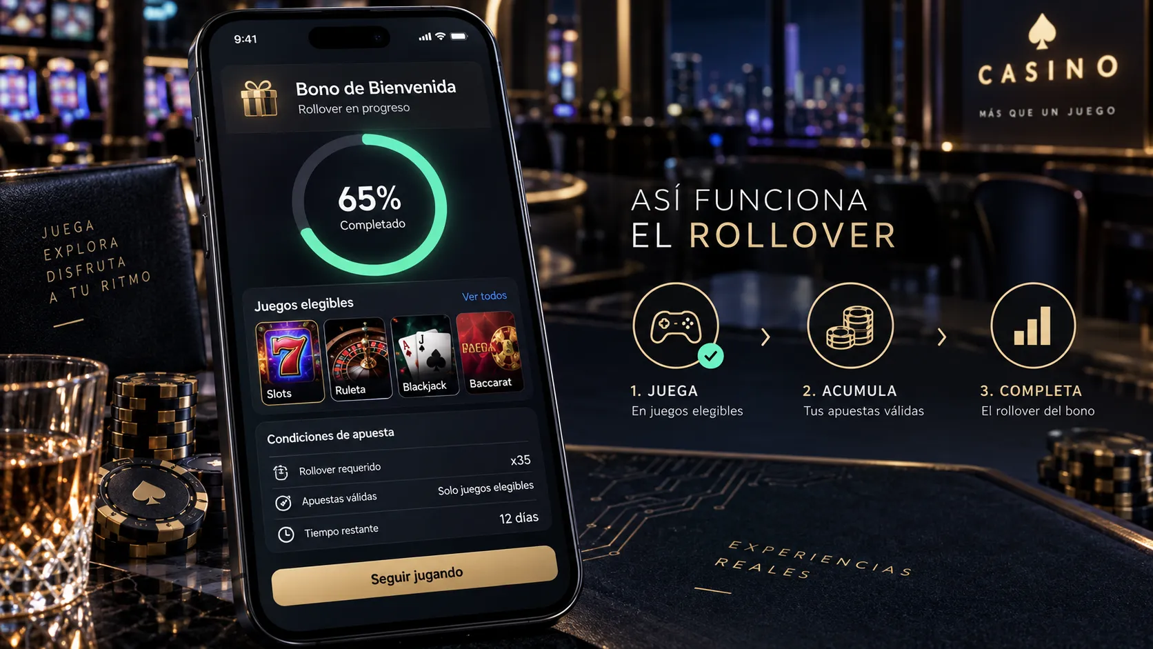 Panel móvil con progreso y condiciones de un bono de casino