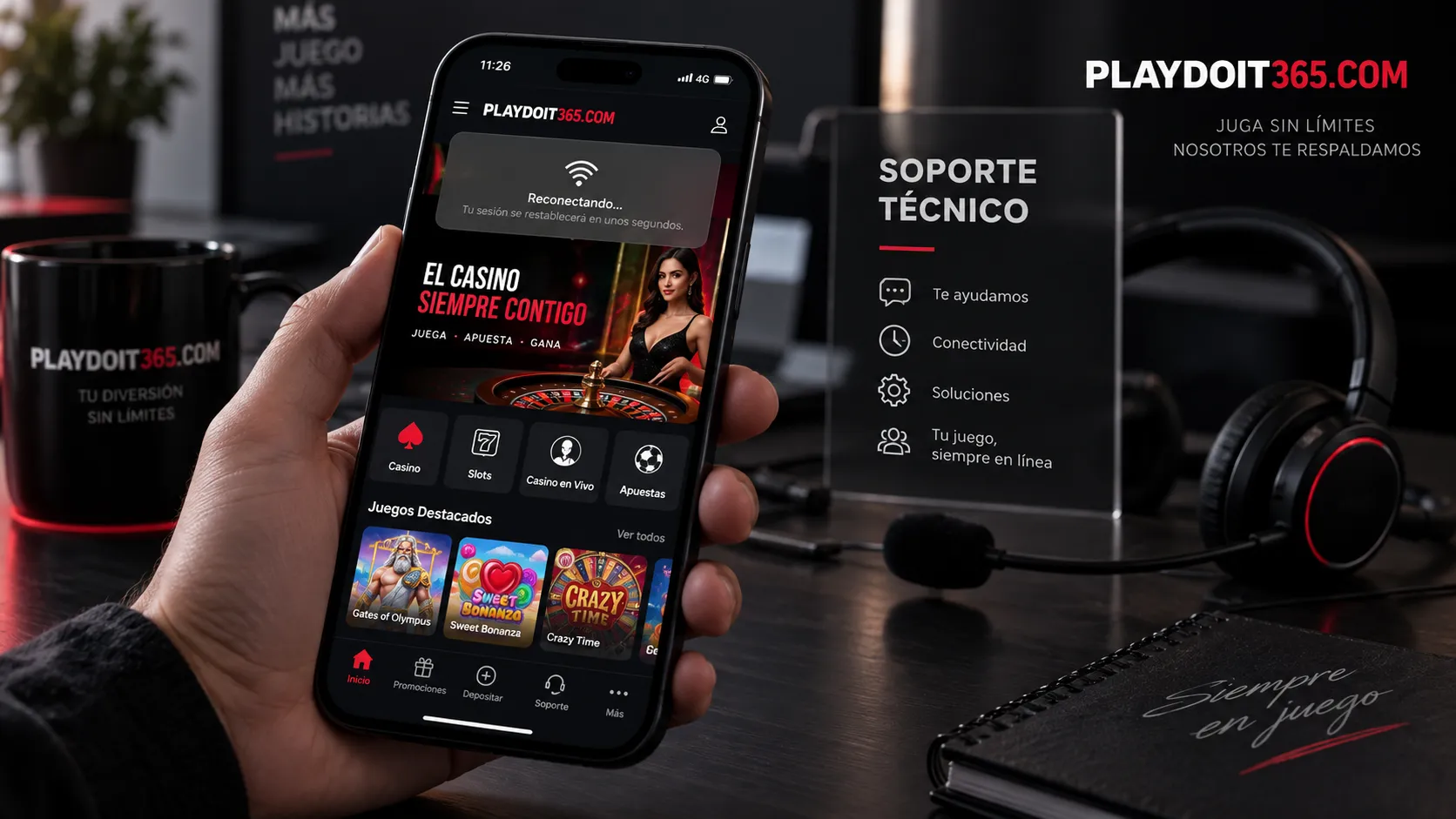 Pantalla de smartphone reconectando una sesión de casino en línea