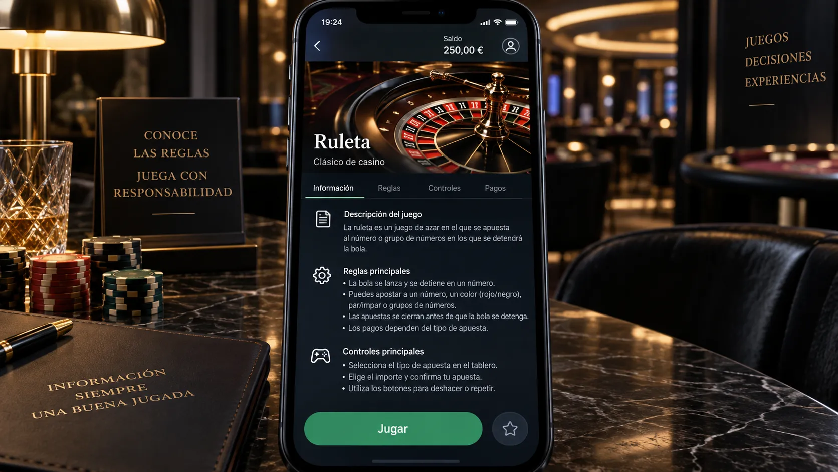 Ficha de un juego de casino consultada desde un teléfono